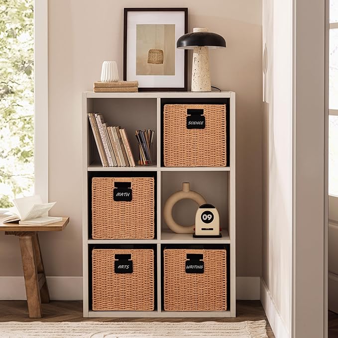 UBBCARE 2 Pack Wicker Basket, 12×12 Storage Cubes with Label, Foldable Cube Storage Bin with Handle, Square Storage Basket for Shelves, Woven Paper Rope Basket for Organizing, Caramel