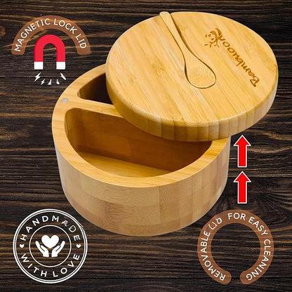 Premium Bamboo Salt Cellar with 2 Compartment Swivel Magnetic Lid - 100% Handmade, Elegant Salt & Spices Storage Box and Multi-Use Container with Mini Spoon.