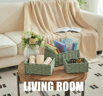Small Wicker Basket for Organizing, Woven Storage Basket Set of 3 - Handwoven Natural Paper Rope Baskets to Declutter Any Room, Perfect for Organizing and Home Decor (Green)