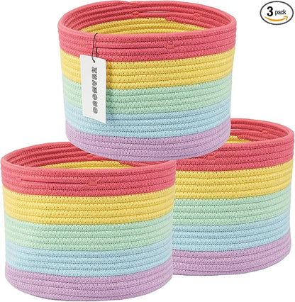 XUANGUO Woven Cotton Rope Storage Baskets - 3-Pack Round Bins for (10x10x7'') Shelves, Closets & Bookcases | Durable Rope Organizers for Nursery, Baby, Gifts, Easter & More (rainbow)