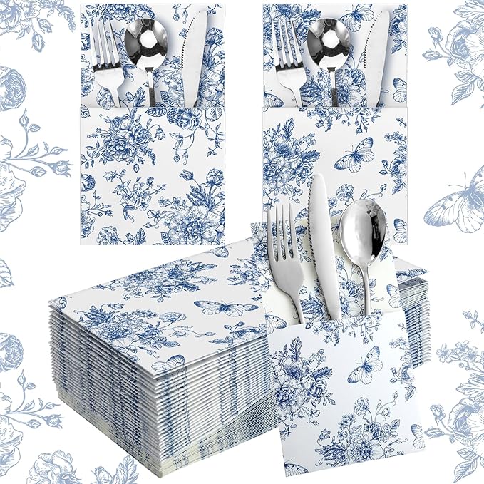 Sliner 50 Pieces White and Blue Floral Silverware Bags Paper Disposable Silverware Sleeves Blue Floral Cutlery Holder Chinoiserie Utensil Pouch Table Decoration for Wedding Cocktail Guest Tea Party