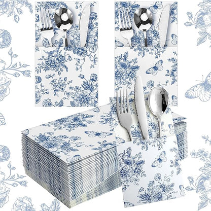 Sliner 50 Pieces White and Blue Floral Silverware Bags Paper Disposable Silverware Sleeves Blue Floral Cutlery Holder Chinoiserie Utensil Pouch Table Decoration for Wedding Cocktail Guest Tea Party