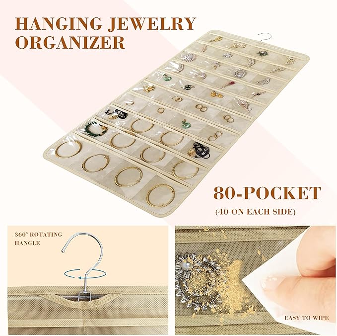 2 PACK(Total 160 Pockets) Hanging Jewelry Organizer with Hanger Metal Hooks Storage On Wall Door Closet Double-Sided(Each Side 40 Pockets) Jewelry Holder for Earrings, Necklaces, Rings (2 Pcs Beige)