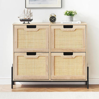 IDEALHOUSE Rattan Shoe Storage Cabinet with 4 Flip Drawers, Freestanding Shoe Organizer with Adjustable Shelves for Entryway, Narrow Shoe Rack Cabinet, Farmhouse Slim Shoe Cabinet, Oak