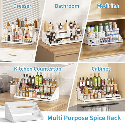 BOIVSHI Spice Rack, Spice Organization for Cabinet - Expandable Width, 3 Tiered Spice Rack Organizer for Cabinet - Adjustable Height, Seasoning Organizer for Cabinet, Countertop, Pantry, White