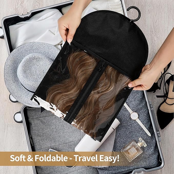 12PCS Wig Storage Bags with Hanger for Multiple Wigs& Hair Extensions Dust-Proof, Breathable, Transparent PVC Window, Foldable Travel Solution