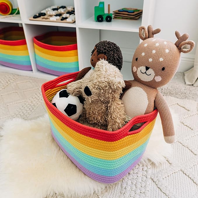 Rainbow Cotton Rope Basket for Shelf Storage - 15"×10"×9½" - Colorful Decorative Basket for Kids - Nursery, Playroom, Classroom - Toy Storage, Books, Towels