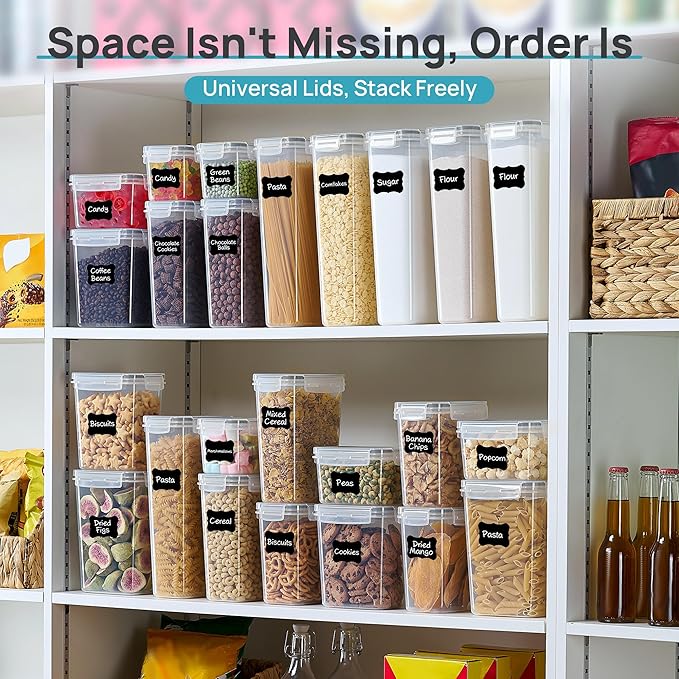 Vtopmart Airtight Food Storage Containers with Lids, 24 pcs Plastic Kitchen and Pantry Organization Canisters for Cereal, Dry Food, Flour and Sugar, BPA Free, Includes 24 Labels，Gray