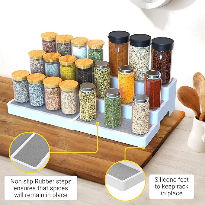 YAN & HIN Expandable Spice Rack Organizer for Cabinet (2 Pack), 3-Tier Tiered Spice Shelf Organizer with Non-Skid Surface, Spice Riser, Adjustable Pantry Organizer for Spices, Cans & Medicine Cabinet