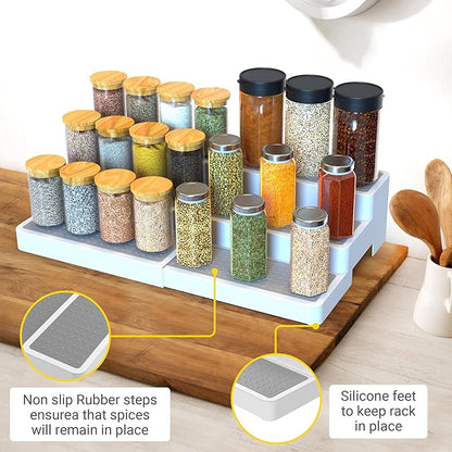 YAN & HIN Expandable Spice Rack Organizer for Cabinet (2 Pack), 3-Tier Tiered Spice Shelf Organizer with Non-Skid Surface, Spice Riser, Adjustable Pantry Organizer for Spices, Cans & Medicine Cabinet