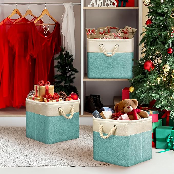 Simple Houseware 13" x 13" Large Fabric Storage Cubes for Closet and Cube Organizer, 3 Pack, Turquoise