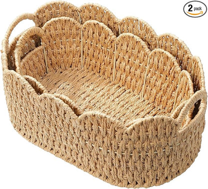 Coeusy Paper Rope Scalloped Basket Set of 2,Woven Storage Baskets for Shelves,Laundry,Towels,Clothes,Books,Toys,Cute Decor Baskets for Organizing,Natural Color