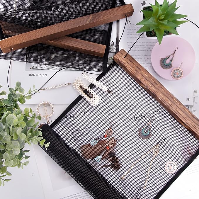 FEQO Earring Organizer Hanging Mesh Earrings Holder Wall Mounted Earring Hanging Jewelry Display Organizer with 20 Pieces S Shape Black Hooks (24 x 12 inch)