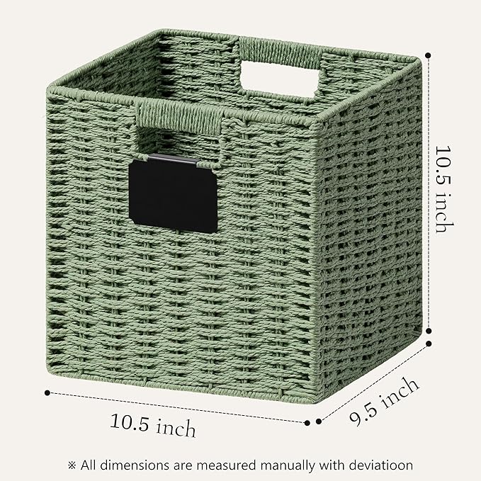 UBBCARE 2 Pack Wicker Basket, 10.5×10.5 Storage Cubes with Label, Foldable Cube Storage Bin with Handle, Square Storage Basket for Shelves, Woven Paper Rope Basket for Organizing, Green