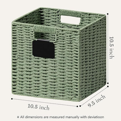 UBBCARE 2 Pack Wicker Basket, 10.5×10.5 Storage Cubes with Label, Foldable Cube Storage Bin with Handle, Square Storage Basket for Shelves, Woven Paper Rope Basket for Organizing, Green