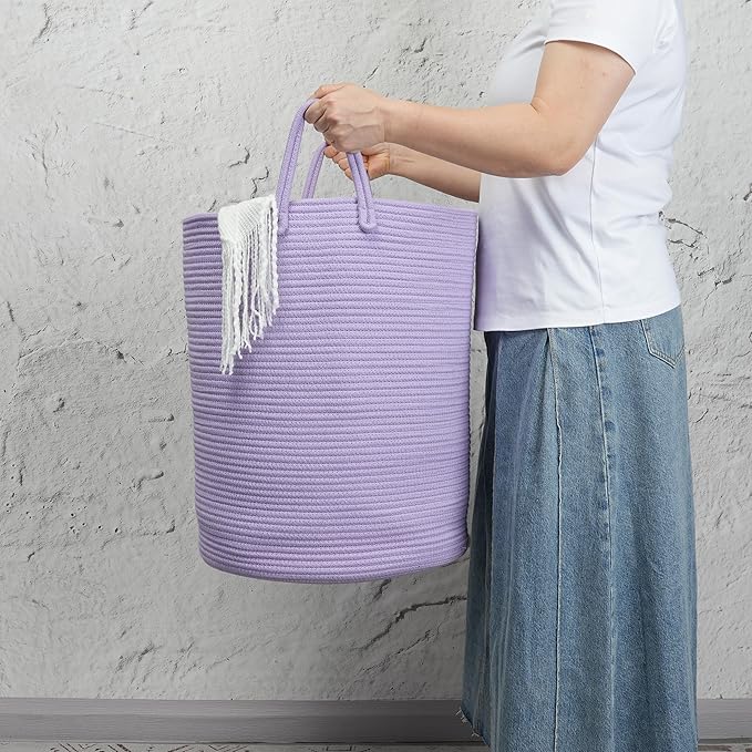 Woven Cotton Rope Laundry basket-15”X20” Laundry Hamper-Rope Storage Basket for Dirty Clothes, Toys and Blankets Perfect for Bathroom, Baby nursery and Living Room Storage (purple)