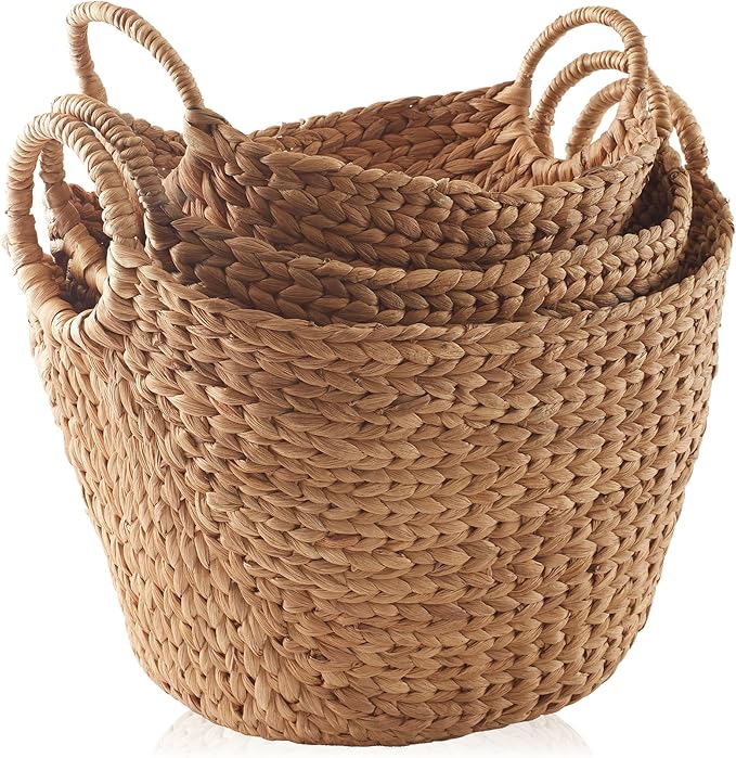 Casafield Set of 3 Multipurpose Boat Baskets with Handles - Cinnamon, Woven Water Hyacinth Storage Organizers for Throw Blankets, Bedroom, Laundry