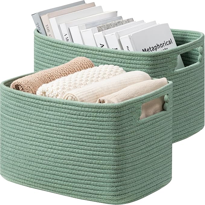 UBBCARE 2 Pack Storage Baskets for Organizing, Shelf Baskets with Handles, Woven Storage Baskets for Bookcase/Cube Shelf/Closet, 14.5"L x 9.8"W x 9"H, Green