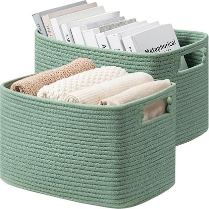 UBBCARE 2 Pack Storage Baskets for Organizing, Shelf Baskets with Handles, Woven Storage Baskets for Bookcase/Cube Shelf/Closet, 14.5"L x 9.8"W x 9"H, Green