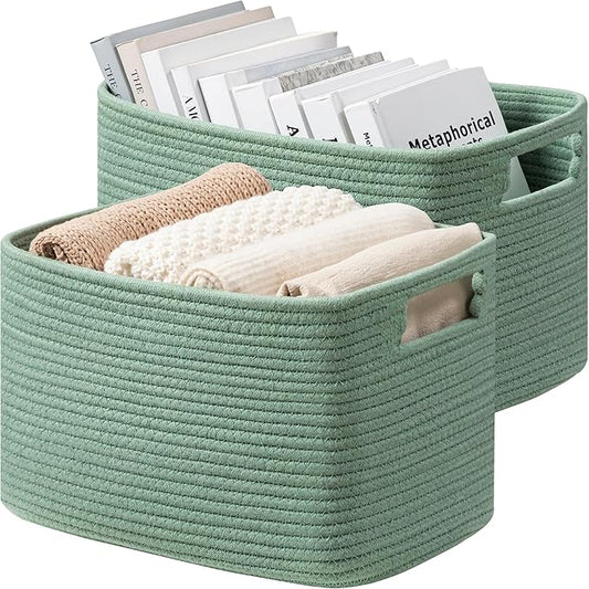 UBBCARE 2 Pack Storage Baskets for Organizing, Shelf Baskets with Handles, Woven Storage Baskets for Bookcase/Cube Shelf/Closet, 14.5"L x 9.8"W x 9"H, Green
