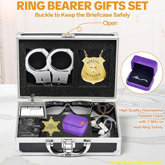 Ring Security Wedding Ring Bearer Aluminum Briefcase-Padded Slits Holder Ring Bearer Gifts Security Box for Proposal Ceremony Wedding Day,Security Badge Props for Boys Kids