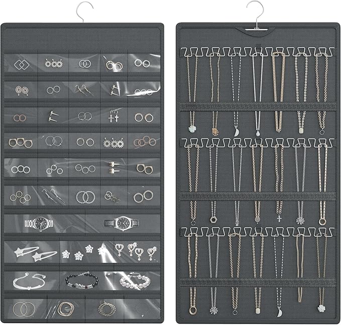 Hanging Jewelry Organizer Storage Roll, Double-Sided Necklaces Holder, 42 Pockets Plus 36 hooks Earrings Organizer Hang in Closet, On Wall, or Doors, Dark Gray