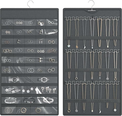 Hanging Jewelry Organizer Storage Roll, Double-Sided Necklaces Holder, 42 Pockets Plus 36 hooks Earrings Organizer Hang in Closet, On Wall, or Doors, Dark Gray
