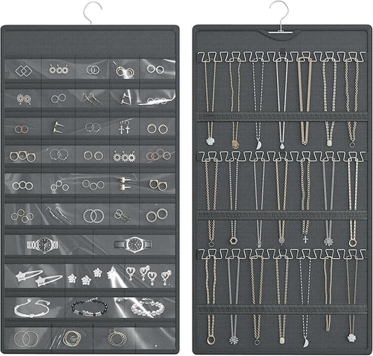 Hanging Jewelry Organizer Storage Roll, Double-Sided Necklaces Holder, 42 Pockets Plus 36 hooks Earrings Organizer Hang in Closet, On Wall, or Doors, Dark Gray