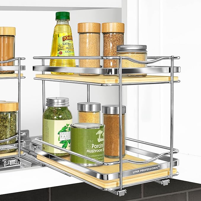 LYNK PROFESSIONAL® Élite™ Pull Out Spice Organization for Cabinets - 6-3/8 inch Wide – Spice Rack for Inside Cabinets – Wood/Chrome - Sliding Spice Rack Organizer for cabinet – Spice Rack - 2 Tier