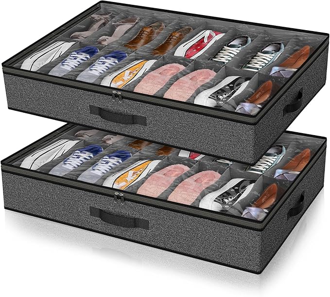 Under Bed Shoe Storage Organizer for Closet, 24 Pairs Sturdy Underbed Shoe Storage Boxes Bins Container Foldable Shoes Storage with Reinforced Handles & Clear Window for College Dorms Grey, Set of 2