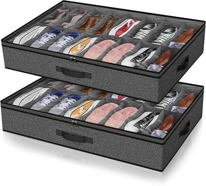 Under Bed Shoe Storage Organizer for Closet, 24 Pairs Sturdy Underbed Shoe Storage Boxes Bins Container Foldable Shoes Storage with Reinforced Handles & Clear Window for College Dorms Grey, Set of 2