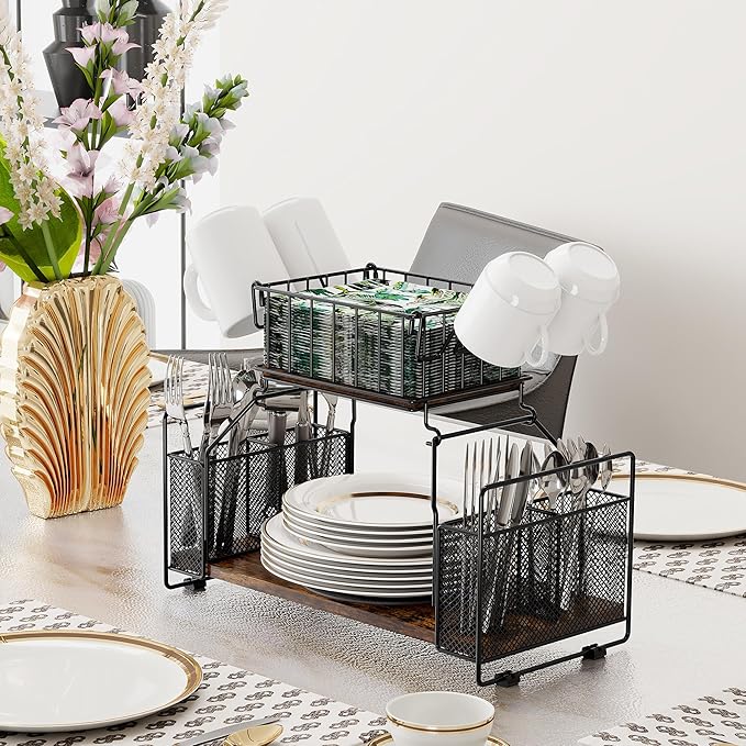 TQVAI Buffet Caddy, 2 Tier Countertop Paper Plate Organizer with Silverware Holder Mugs Hook Napkin Basket, Serving for Catering Supplies Buffet Display Hosting Thanksgiving Essentials, Black/Antique