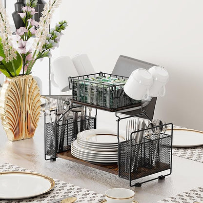 TQVAI Buffet Caddy, 2 Tier Countertop Paper Plate Organizer with Silverware Holder Mugs Hook Napkin Basket, Serving for Catering Supplies Buffet Display Hosting Thanksgiving Essentials, Black/Antique