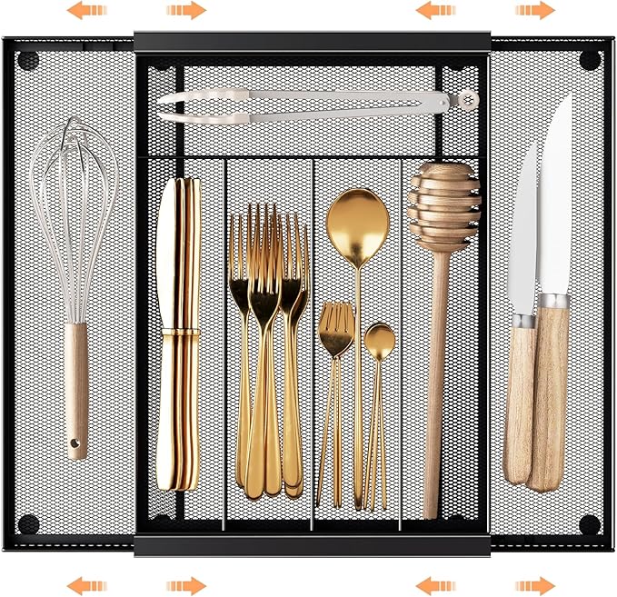 Sedegn Silverware Organizer Metal Mesh, Drawer Organizer, Utensil Cutlery Tray for kitchen drawers,Expandable Flatware Organizer with 7 Compartment Black 9.6"~16.1" x 13.8"
