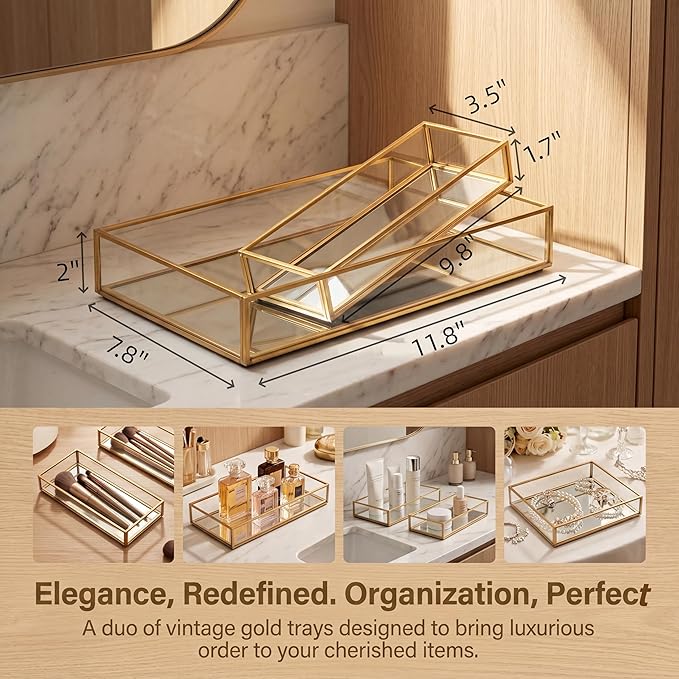 Lyellfe 2 Pack Perfume Trays, Gold Vanity Tray, Decorative Gold Mirror Tray, Non Slip Rectangular Perfume Tray, Jewelry, Bathroom