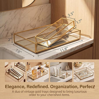 Lyellfe 2 Pack Perfume Trays, Gold Vanity Tray, Decorative Gold Mirror Tray, Non Slip Rectangular Perfume Tray, Jewelry, Bathroom