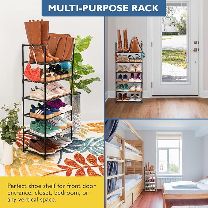 Sundaze Shoe Rack - 6 Tier Tall Shoe Rack for Closet, Sturdy Stackable Shoe Organizer for Closet, Bedroom, Entryway, Garage, Non Woven Fabric Shelf, Black, Holds 12-18 Pairs