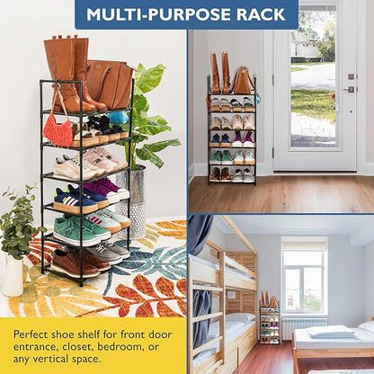Sundaze Shoe Rack - 6 Tier Tall Shoe Rack for Closet, Sturdy Stackable Shoe Organizer for Closet, Bedroom, Entryway, Garage, Non Woven Fabric Shelf, Black, Holds 12-18 Pairs