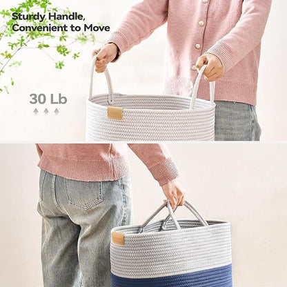 Nunsino Laundry Hamper 95L,Large Laundry Basket for Clothes,Decorative Storage Basket for Blankets,Cotton Rope Woven basket for bedroom,Navy Blue