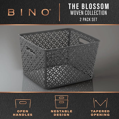 BINO l Plastic Storage Baskets, XLarge - Grey | THE BLOSSOM COLLECTION l Multi-Use Organizer Bin l Built-in Handles l Plastic Woven Basket for Organizing l Pantry & Home Organizing Basket