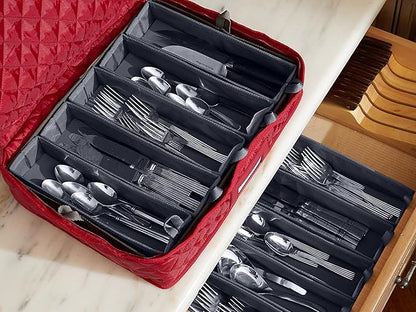 Covermates Flatware Storage Case with Removable Trays, Quilted Silverware Organizer with ID Window, Zipper Closure, Washable Protective Kitchen Storage Container, 15.5x11.5x3.5, Red