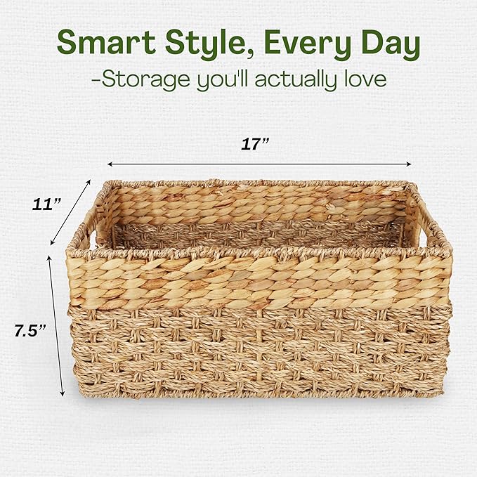 Large Wicker Storage Baskets with Handles, Natural Seagrass and Hyacinth Woven Storage Basket for Organizing Shelves, Closet, Pantry, Living Room, 17 x 11 x 7.5 Inches