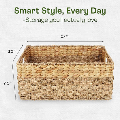 Large Wicker Storage Baskets with Handles, Natural Seagrass and Hyacinth Woven Storage Basket for Organizing Shelves, Closet, Pantry, Living Room, 17 x 11 x 7.5 Inches