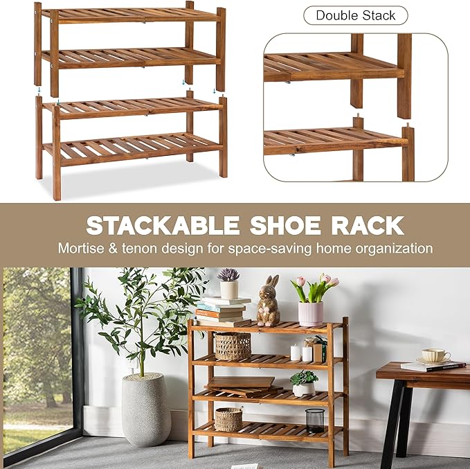 VICTORY RELAX Natural Acacia Wood 2-Tier Folding Shoe Rack – Space-Saving Wooden Shoe Organizer Shelf for Entryway, Hallway, Mudroom, or Closet – Compact Indoor Storage for Footwear & More