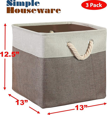 Simple Houseware 13" x 13" Large Fabric Storage Cubes for Closet and Cube Organizer, 3 Pack, Brown