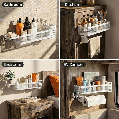 PUSDON 5-in-1 Wide Wall Mount Wrapped Mesh Kitchen Organizer & Shower Caddy Kit, with Paper Towel Holder, Utensil Holder, Soap Dish, Heavy Duty 50LBS - White, Netting