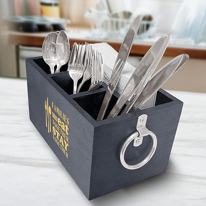 Utensil Holder For Kitchen, Wood Utensil Holder, Classy Family Quote Engraved Wood Cooking Utensil Holder, Utensil Flatware Cutlery Caddy For Dining Table & Kitchen