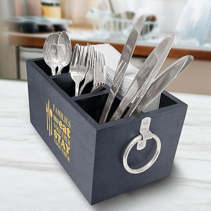 Utensil Holder For Kitchen, Wood Utensil Holder, Classy Family Quote Engraved Wood Cooking Utensil Holder, Utensil Flatware Cutlery Caddy For Dining Table & Kitchen
