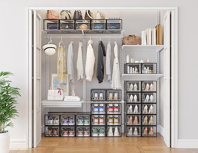 HOMIDEC Shoe Storage, 12 Pack Shoe Organizer for Closet, Shoe Boxes Clear Plastic Stackable Shoe Containers with Lids for Size 13