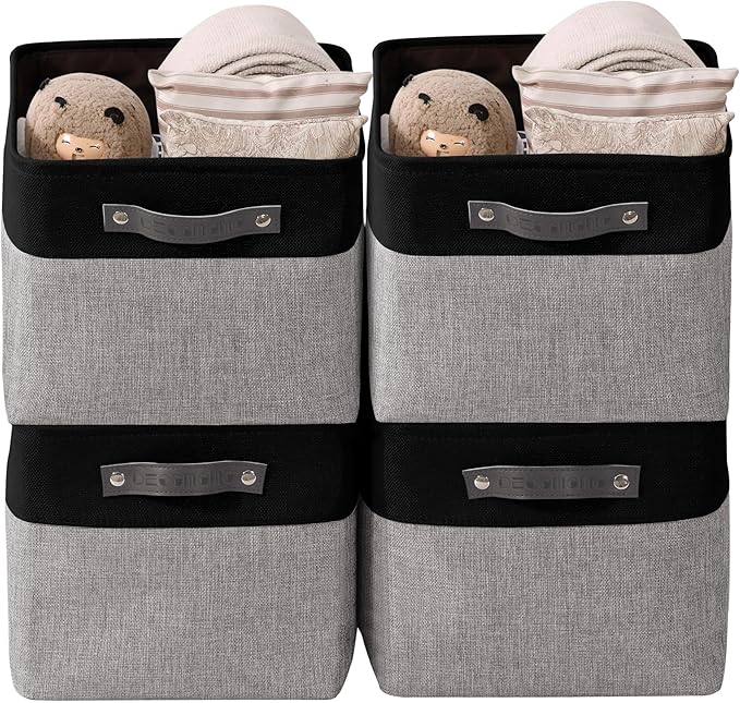 DECOMOMO Storage Bins, Large Fabric Storage Baskets for Shelves, Decorative Linen Closet Organizer, 15 x 11 x 9.5 inches (Grey & Black, 4 Pack)